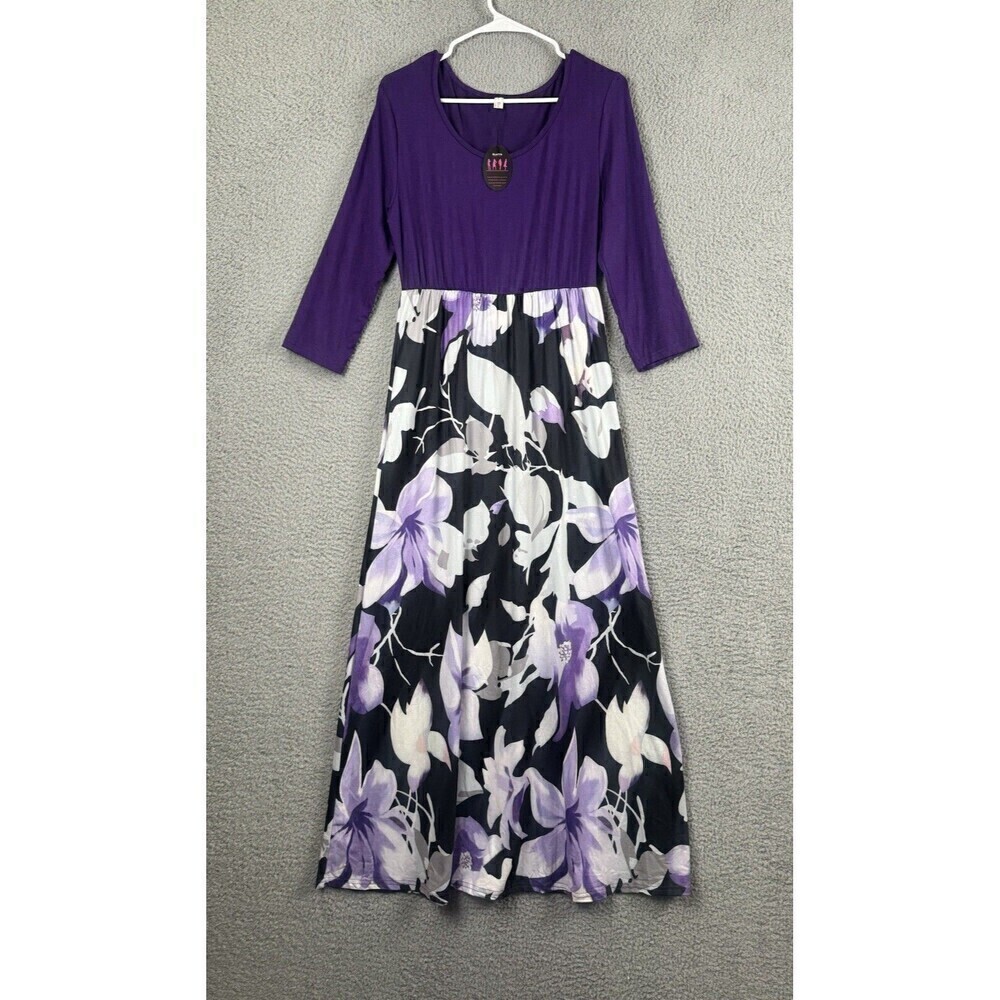 Blue Time Dress Womens L Purple 3/4 Sleeve Floral Maxi Stretch